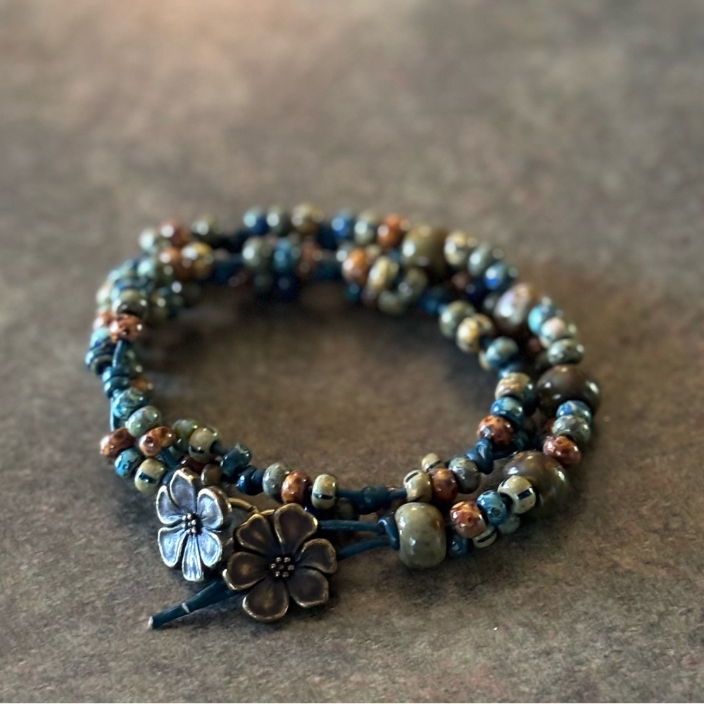 Multi Colour Double Wrap Leather and Picasso Bead Bracelet with Flower Clasp